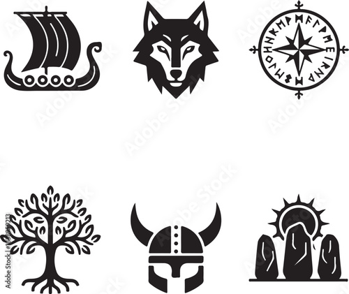 Collection of viking and norse mythology symbols in black and white