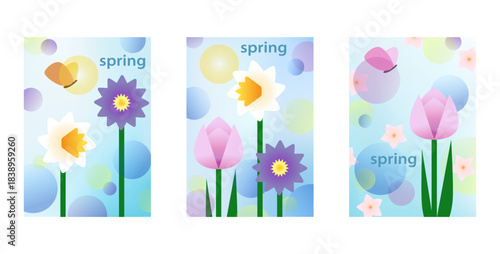 Modern abstract vector illustrations for holiday greeting cards on a spring theme with flowers and butterflies, website and social media banners, marketing materials.