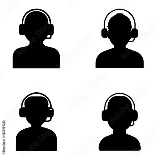 Four black silhouettes of individuals wearing headsets arranged in a 2x2 grid on a white background