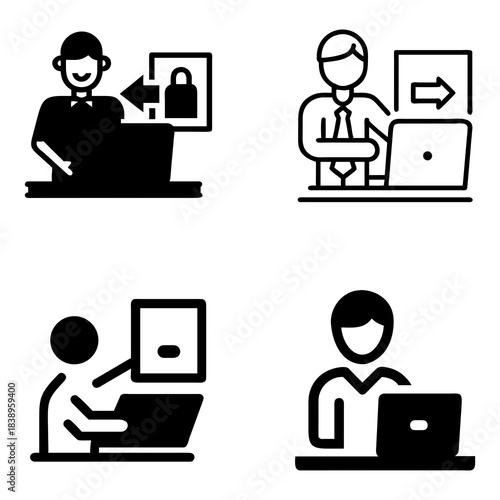 Four computer-themed icons depict people using laptops, each with distinct styles. Top left: