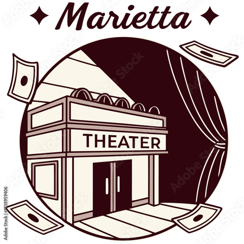 Marietta Classic Theater Building – Vintage Georgia Cinema Illustration