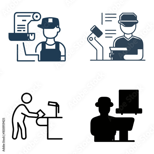 Four icons depicting cashiers and point-of-sale activities. The top left image shows a cashier with a cap and apron