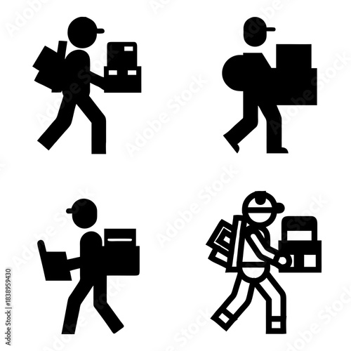 Silhouette icons depict people delivering packages. Each figure features a cap, suggesting a delivery worker