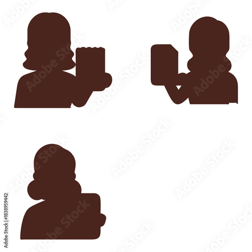 Three brown silhouettes of people are depicted on a white background. Each figure is holding a rectangular