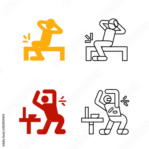 Four stylized workout icons depict exercise poses. Top left shows a yellow figure sitting