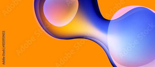 Abstract fluid shapes blend, creating vibrant orange, blue, pink gradients. Smooth curves suggest movement, depth. Modern design element.