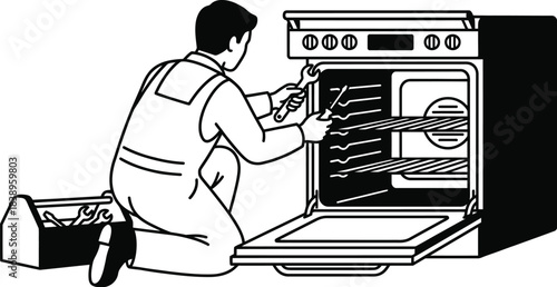 Repairman Fixing Oven, Black Vector on White Background