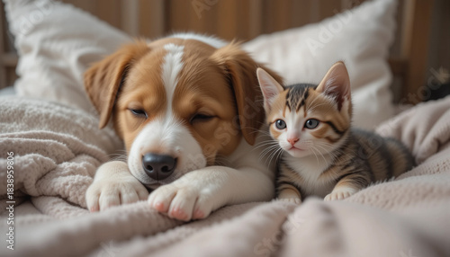 Puppy and kitten sleeps together in the bed at home. 