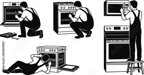 Repairman Fixing Oven, Black Vector on White Background