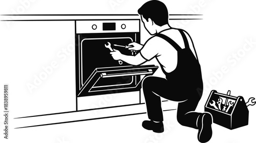 Repairman Fixing Oven, Black Vector on White Background