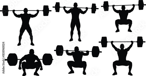 Silhouettes of weightlifters in various powerful lifting positions