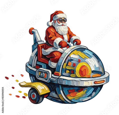 The happy santa claus is riding the turbo rocket and ringing the christmas bell