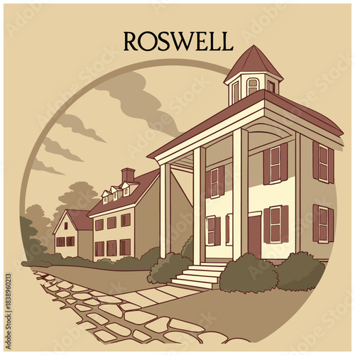 Roswell Historic Street with Old Houses – Vintage Georgia Architecture Illustration