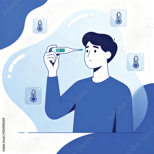 Illustration Of A Person Checking Body Temperature With A Digital Thermometer, Temperature Icon Vector Design Template