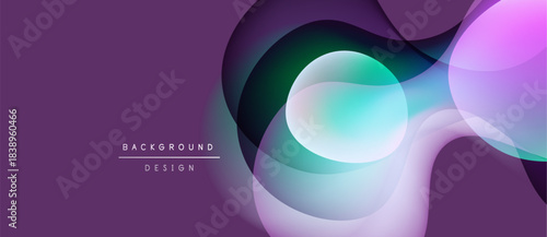 Abstract purple background features overlapping translucent shapes. Soft gradients create dynamic visual flow. Minimal text indicates design purpose.