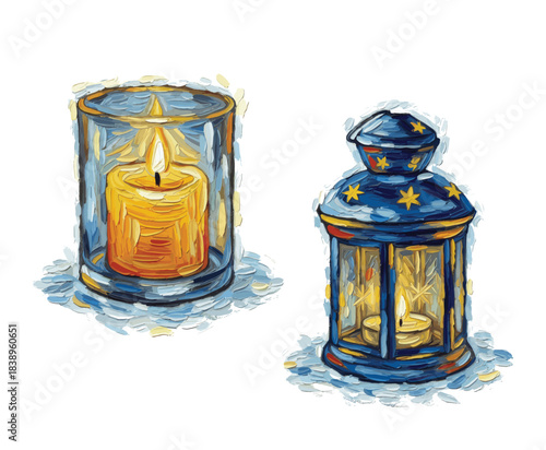 christmas candle lights and vintage lamp. vector illustration