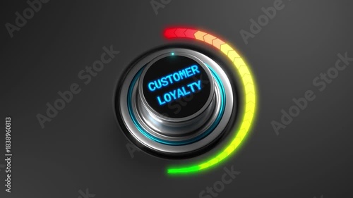 Animated customer loyalty level gauge rising from green to red. Ideal for brand trust analysis, retention metrics, marketing strategy, customer experience, and business analytics visuals.