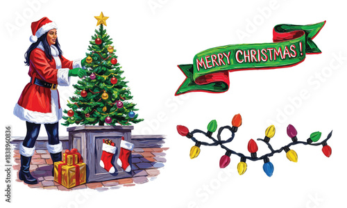 Hand-drawn Christmas woman decorating tree with festive lights and greeting banner
