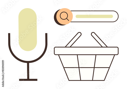 Microphone, search bar, and shopping basket convey voice-based shopping, online search, and e-commerce. Ideal for technology, retail, innovation AI internet convenience communication. Simple flat