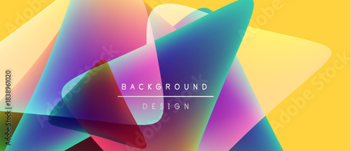 Abstract vibrant shapes overlap, creating colorful gradients. Yellow background complements purple, blue hues. Modern design element.