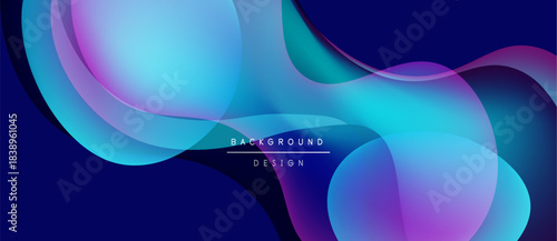 Abstract fluid shapes blend, creating vibrant gradients. Blue, purple, turquoise hues dominate design. Minimal text present. Modern aesthetic.