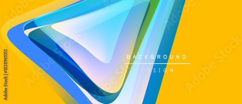 Abstract design features layered shapes, vibrant colors. Yellow background contrasts with blue, white elements. Modern, dynamic composition.