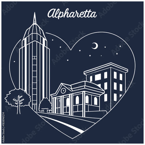 Alpharetta Night City in Heart Shape – Minimal Georgia Skyline Illustration