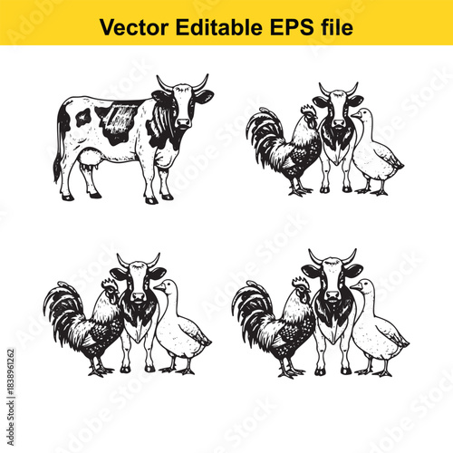  farm animals cow, rooster, and duck illustration