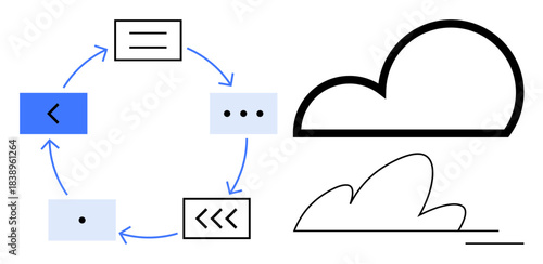 Data management, cloud storage, process flow, digital systems, network connectivity, information exchange. Cycle diagram and cloud shape. Data management and cloud storage visualization