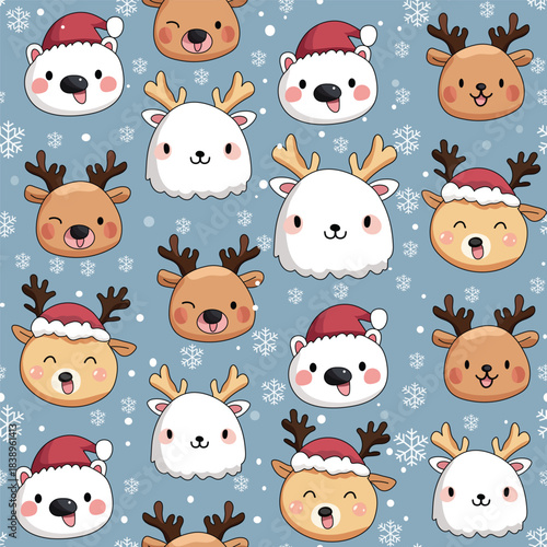 Cute christmas seamless pattern with reindeer and bear vector illustration