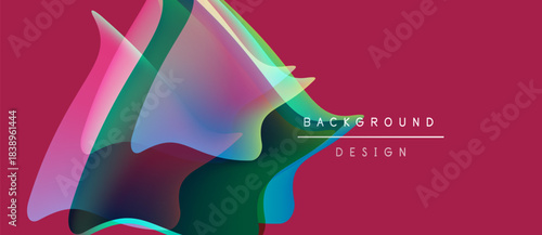 Abstract shapes overlap, creating vibrant color blends on crimson backdrop. Text reads background design. Modern, dynamic visual composition.