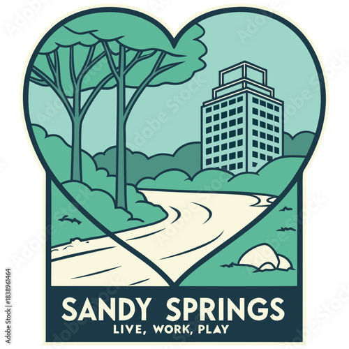 Sandy Springs Green Path and City Building – Heart Shape Minimal Georgia Illustration