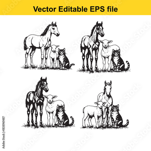  vector editable eps file with horses, sheep, and cats
