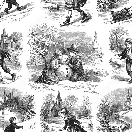 Seamless vector pattern with traditional European winter scenes. Vintage engraving or ink drawing style vector illustration.