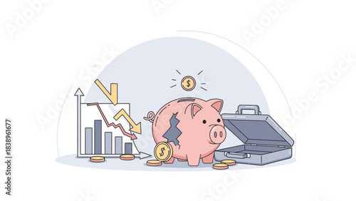 Financial Crisis Piggy Bank Breaking with Falling Chart and Open Briefcase Illustration