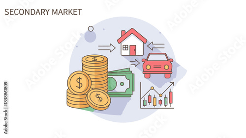 Secondary Market Illustration Property, Car, Money, and Stock Exchange with Arrows