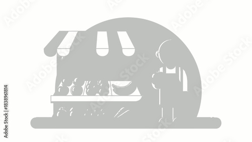 Flat Vector Illustration of a Market Stall with Fruits and Vegetables and an Assistant
