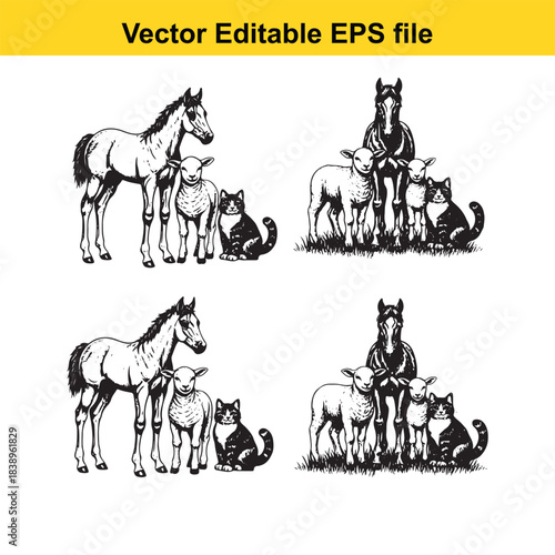  farm animals horses, sheep, and cats, a collection of four illustrations