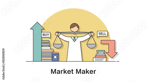 Market Maker Balancing Buy and Sell Orders in a Dynamic Economic Landscape Illustration