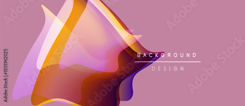 Abstract fluid shapes overlap, creating vibrant color gradients. Pink backdrop complements orange, purple hues. Modern design element.