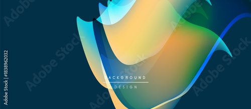 Abstract fluid shapes overlap, creating vibrant color gradients. Design features teal, gold, blue hues against dark backdrop. Modern aesthetic.
