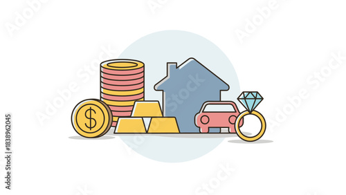 Illustration of Wealth and Assets Gold, Car, House, Diamond Ring, and Currency