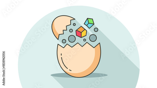 Concept Illustration of a Cracked Eggshell Releasing Spheres and Cubes in a Light Color Palette