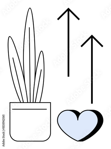 Growth, positivity, health, love, sustainability, aspirations. Minimalist design features a potted plant, upward arrows and a heart. Growth and positivity concepts in a clean style