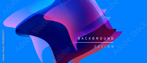Abstract fluid shapes overlap, creating vibrant color gradients. Blue background enhances dynamic visual effect. Text reads background design.