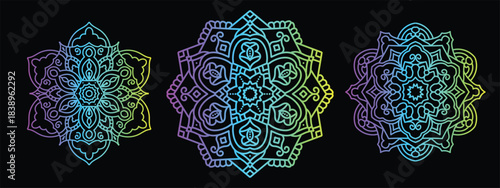 Set of 3 traditional mandala art with oriental geometric symmetrical patterns  