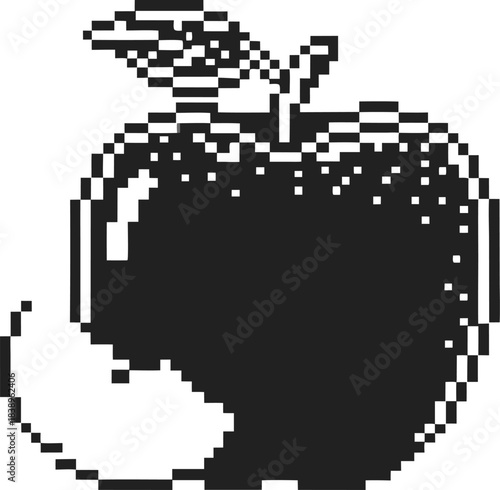 Pixelated bitten apple icon in retro 8 bit monochrome style, minimalist black and white digital fruit illustration