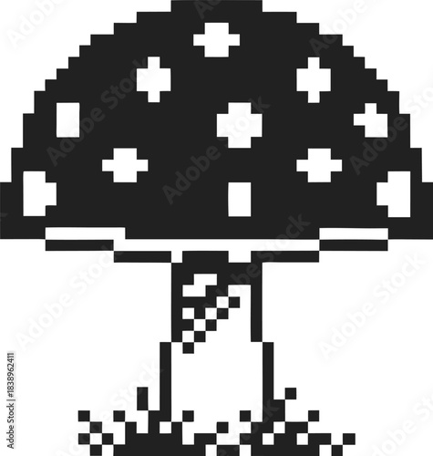 Pixel art mushroom icon with dotted cap, retro 8 bit fungus illustration on white background