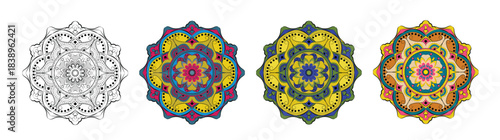 Set of 4 traditional mandala art with oriental geometric symmetrical patterns  