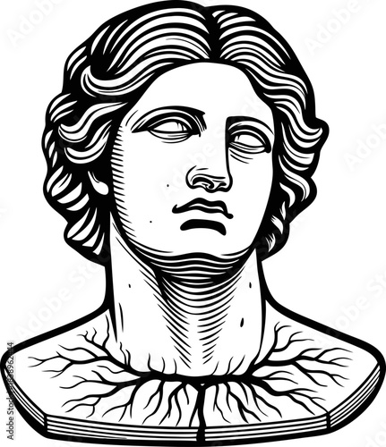 classical marble bust of ancient male figure with laurel like hair and stylized cracked base in black and white line art